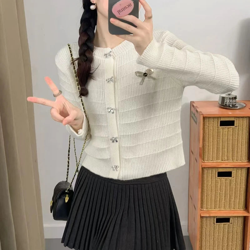 Bxoxo Ribbon Button Up Knit Cardigan Sweater for Women Long Sleeve Button Front Sweater Jacket Teen-girl Y2K Cute Outfit