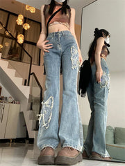 BXOXO Women's Butterfly Embroidery Pattern Micro Flared  Jeans Cool Girl Fashion Wide Leg Denim Trousers Female High Waist Pants
