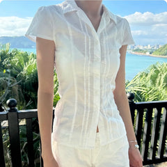 BXOXO White Short Sleeve Transparent Blouse for Women y2k Streetwear Button-up Slim-fitting T-shirts Vintage 2000s Tees Summer
