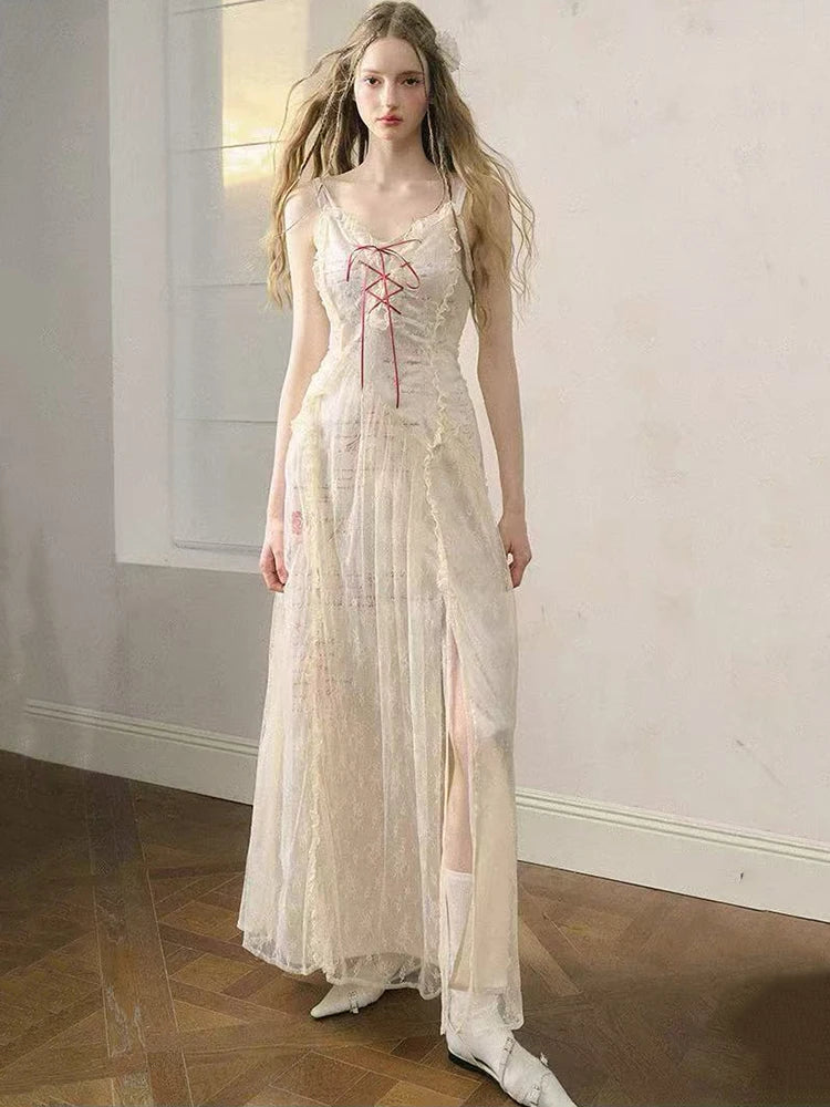 Bxoxo Elegant Lace Patchwork Camis Dress Women Summer Sexy Backless Hollow Out Midi Dress Y2K Fashion Lace Up Streetwear Vestidos