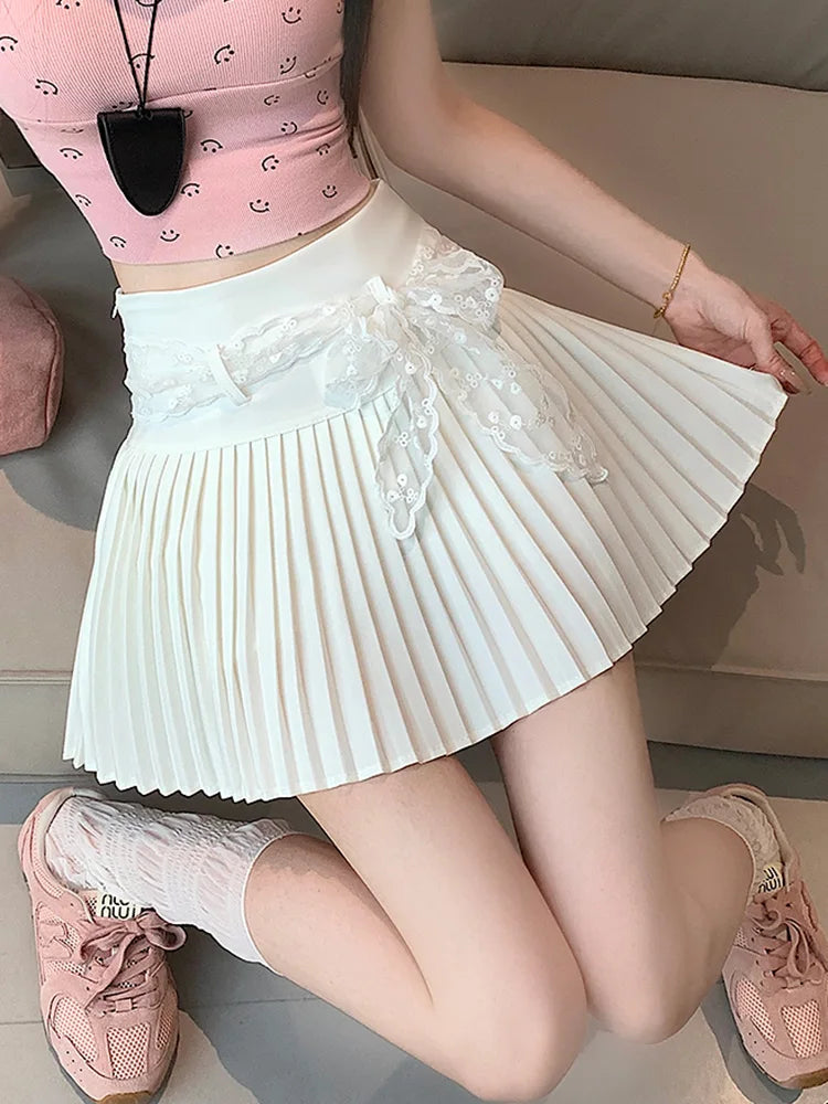 Bxoxo Lace Belt Pleated Skirt Women Sweet High Waist Sexy Mini Skirts Korean Fashion Casual Preppy Style Cute A Line Dance Skirt