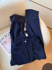 Bxoxo Navy Corduroy Casual Pants for Women Fall Plush Thick Streetwear Lace Up Wide Leg Pants High Waist All Match Straight Trousers