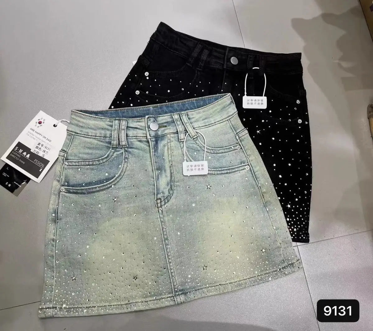 Bxoxo Starry Hot Rhinestone Denim Skirt for Women 2024 Summer New Retro Slimming a-Line Sheath Denim Skirt