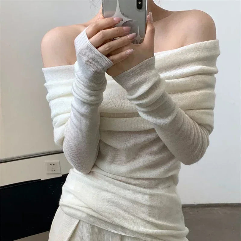 BXOXO Korean Style Knitted Sweater Women Elegant Off Shoulder Female Jumper Harajuku Fashion Gyaru Sexy Pullover Aesthetic