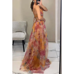 BXOXO  V-Neck Sexy Hollow Out Party Dress, Women Summer Loungewear Fashion Printing Maxi Dress, Sleeveless Lace-Up Ladies Dress Vestido