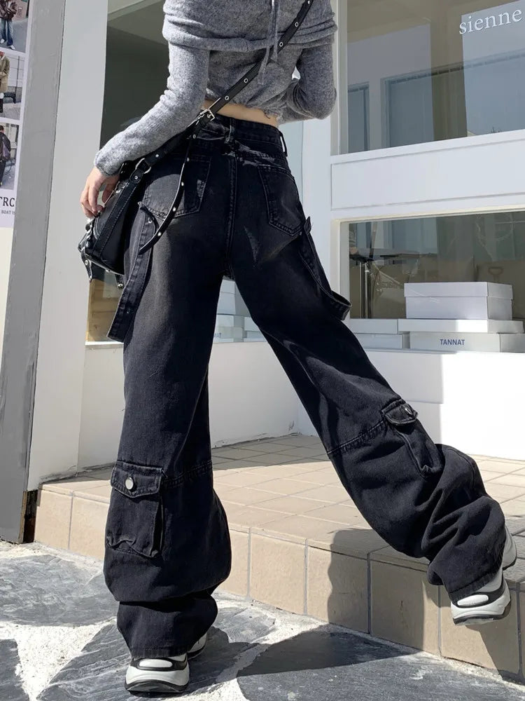 BXOXO 2000S Clothes Y2K Streetwear Washed Black Baggy Cargo Jeans Pants For Women Wide Leg Multi Pockets Straight Loose Lady Trousers