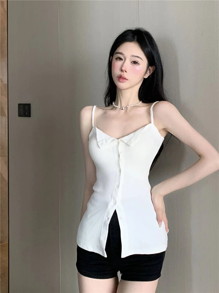 Bxoxo French Elegant Pure Camis Women Summer Sexy Spaghetti Straps Square Collar Tank Tops Korean Chic Single Breasted Female Vest