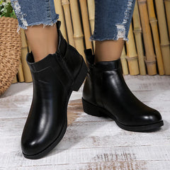 BXOXO Pu Leather Classics Black Thick Heel Ankle Boots Metal Zipper Low Platform Woman Shoes Winter Round Toe Slip On Short Boots