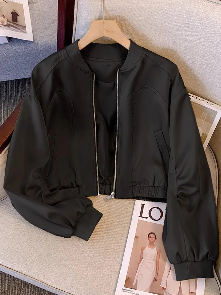Bxoxo Baseball Y2K Satin Jackets Women Slim Long Sleeve Streetwear Vintage Short Coats Vintage Korean Pockets O Neck Fall Winter Tops