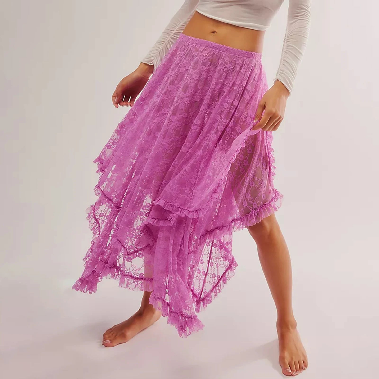 BXOXO Floral Lace Long Skirt for Women Y2K Elastic Waist Asymmetrical Layered Maxi Skirt Sexy See Through Flowy Beach Skirt