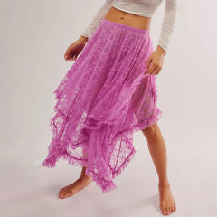 BXOXO Floral Lace Long Skirt for Women Y2K Elastic Waist Asymmetrical Layered Maxi Skirt Sexy See Through Flowy Beach Skirt