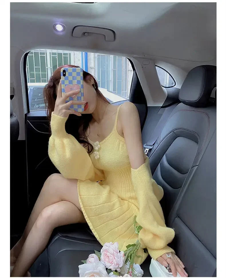 Bxoxo  Korean Autumn Winter Sweet Knitted Two Piece Dress Set Women Strap +Casual Coat Dress Set Style Solid Dress Suit