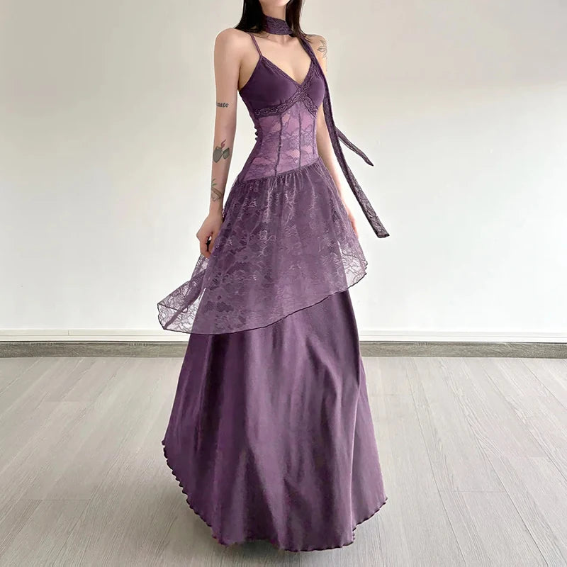 Bxoxo Lace Patchwork Women Camis Dress French Elegant Hepburn Style Splicing Midi Dress Y2K Streetwear Hot Girls Vacation Vestidos