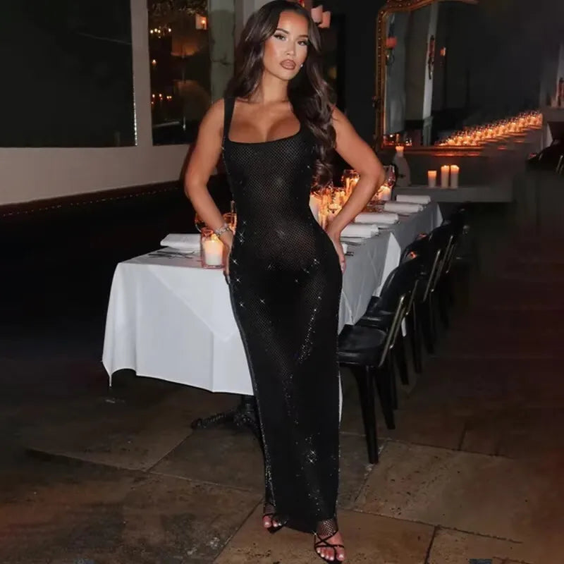 BXOXO 2025 Diamonds Glitter Backless Sexy Dress For Women Robes Evening Club Party Dress Bodycon Mini Summer Dress Vestidos