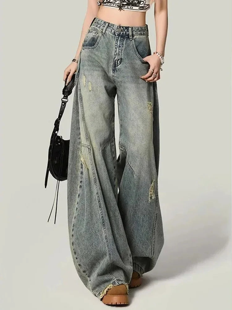 Bxoxo Women Y2K Hole Jeans Streetwear American Retro High Waist Loose Denim Pants Casual Hip Hop Vintage Pockets Lady Gothic Trousers