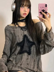 BXOXO Grunge Hole T-shirt Women Fashion Star Print Y2k Aesthetic Loose Tees Kpop Fairycore Ripped Tshirt Harajuku Gothic Streetwear