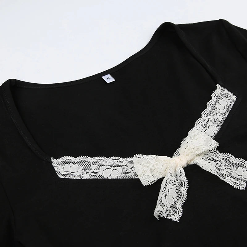 Bxoxo Fairy Grunge Top y2k Women Clothes Lace Trim V Neck Long Sleeve T Shirt with Bow Coquette Clothing 2000s Streetwear