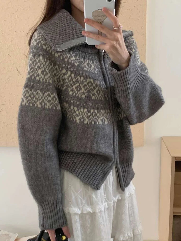 Bxoxo Print Retro Zipper Cardigan Women Loose Turtleneck Long Sleeve Korean Knitted Sweaters Vintage Female Casual Sweet Tops New