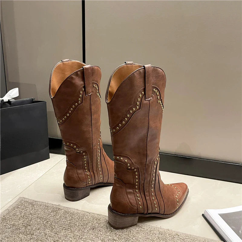 BXOXO Studded Boots Women Low Heel Cowboy Chelsea Western Short Leather Knee High Luxury Designer Gothic New Rock Shoes Vintage