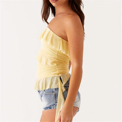 BXOXO Women Boho Strapless Ruffle Mesh Tube Top Solid Color Boat Neck Irregular Hem Slim Bandeau Top Sexy Cami Vest