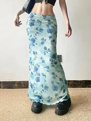 Bxoxo Vintage Mesh Floral Long Skirt Women Elegant Low Waist Slim Sexy Skirts Retro American Streetwear Casual Elastic Long Skirt