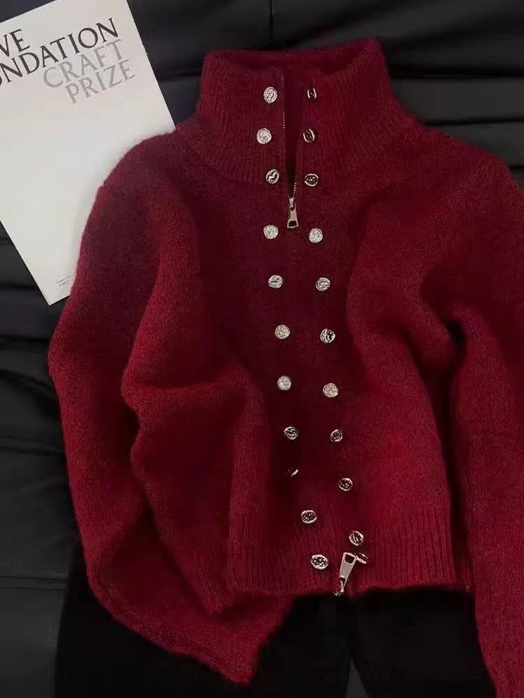 Bxoxo Gray Stand Collar Sweater for Women Korean Chic Double Breasted Zipper Knitted Cardigan Autumn Thick Warm All Match Soft Jumper