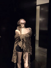 BXOXO T Shirts Women Vintage Leopard Printed Off Shoulder Slash Neck Irregular Ruffles Sexy Tops Slim Y2k Harajuku Ladies