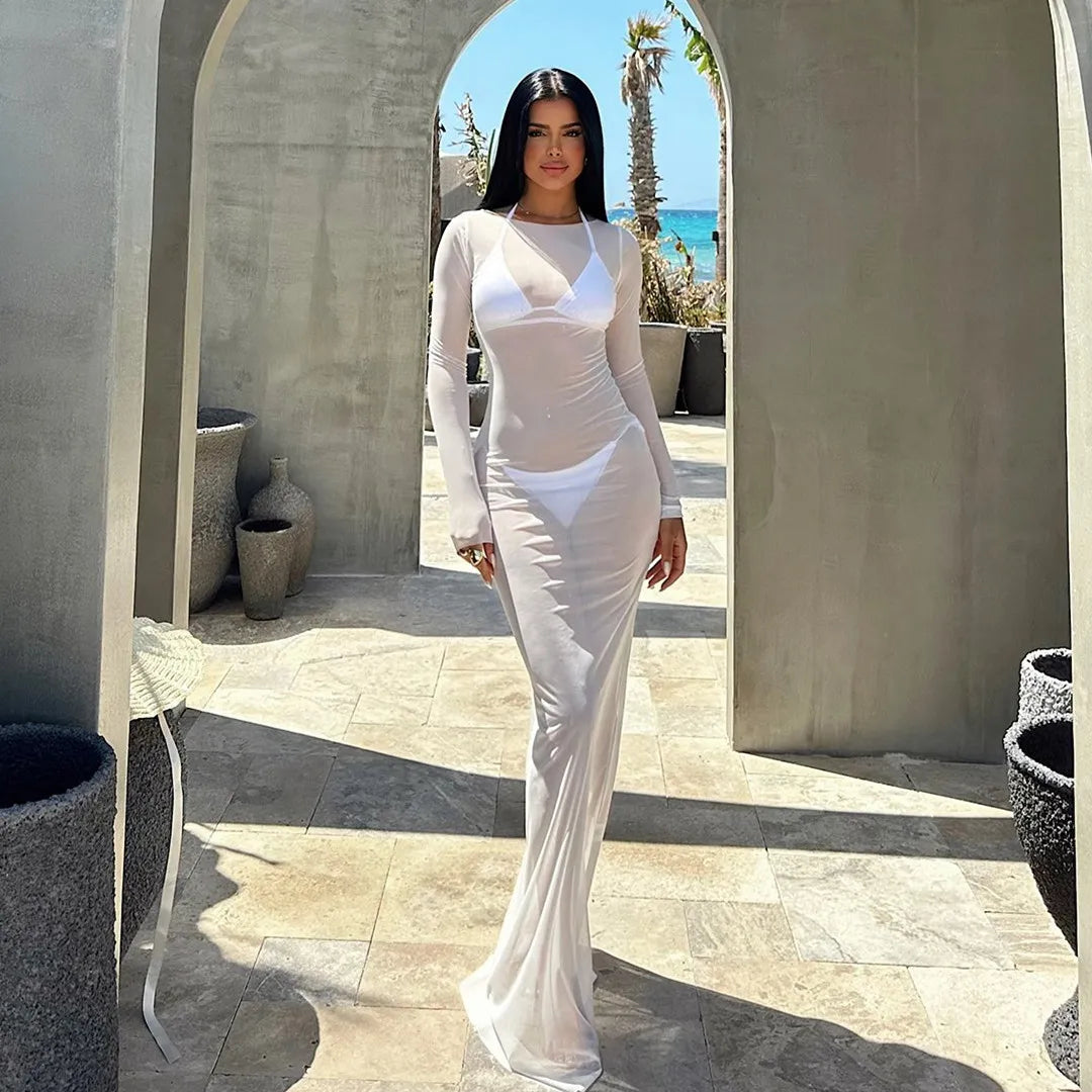 BXOXO Women Slash Neck Mesh See-Through Dress New Sexy Slim Pullover Long Sleeve Floor-Length Solid Dresses Beach Cover ups