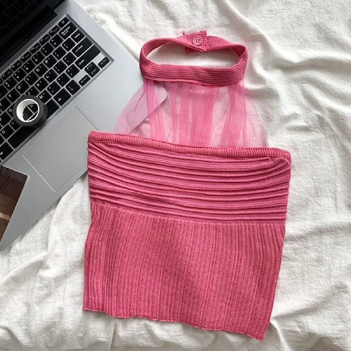 Bxoxo Mesh Halter Neck Knitted Crop Camis Women Y2K Korean Fashion Streetwear Sexy Hot Girl Knit Vest Chic Slim Pullover Tops New