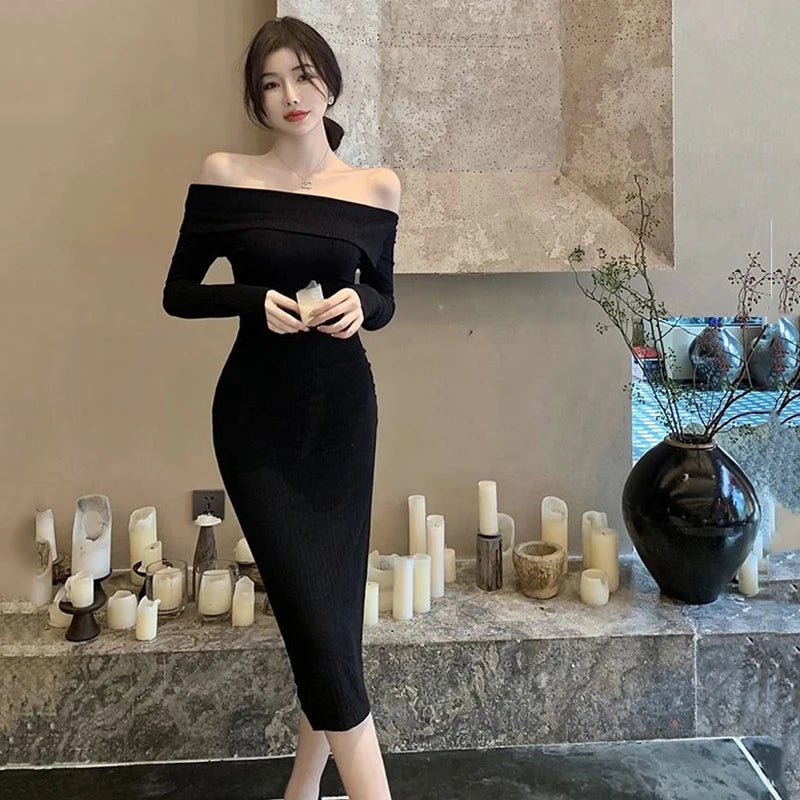 Bxoxo Sexy Slash Neck Midi Dress Women Fall Winter Streetwear Off Shoulder Club Slim Dress Y2K Fashion Long Sleeve Bottoming Vestidos