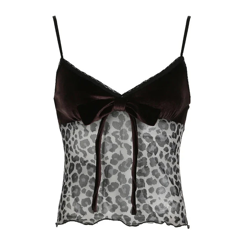 BXOXO Leopard Mesh Crop Top y2k Bow Velvet Patchwork See Through Mini Vest Grunge Korean Vintage Camisole Lace Frill Tanks