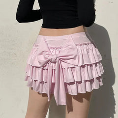 BXOXO Bow Sweet A-Line Skirts Women Sexy Slim Low-Waist Casual Mini Skirts Y2K Female Summer Fashion Streetwear All-Match Pink Skirts