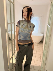 BXOXO Kawaii T Shirt Women Patchwork Mesh Tops Y2k Crop Tops Streetwear Retro Tee Tops Tie Dye Tshirts Japanese Grunge Tops