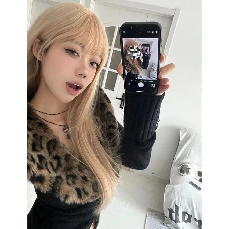 BXOXO Detachable Leopard Print Fur Collar Tops Mujer Autumn Winter New Slim Fit Sweaters Black Long Sleeve Cardigan Women
