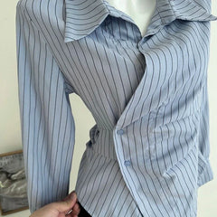 Bxoxo Blue Striped Shirts Women Vintage Elegant Irregular Waist White Blouses Ladies Korean Long Sleeve Chic Buttons Slim Design Tops