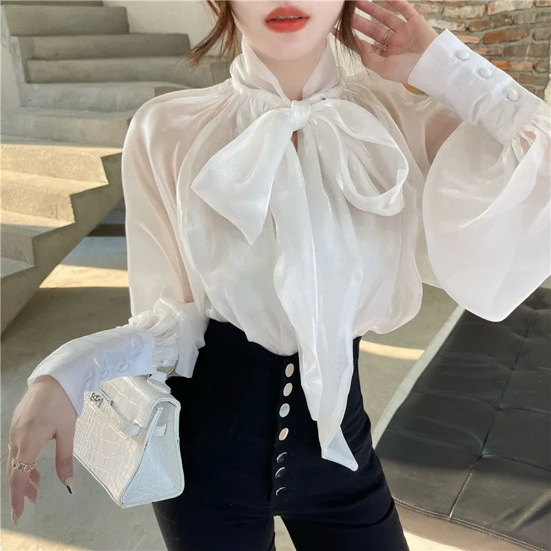 Bxoxo Shirts & Blouses Elegant Bow Lace Up Women Fashion Sleeve Blusas Mujer 2025 Early Autumn Perspective Casual All-match Blouses