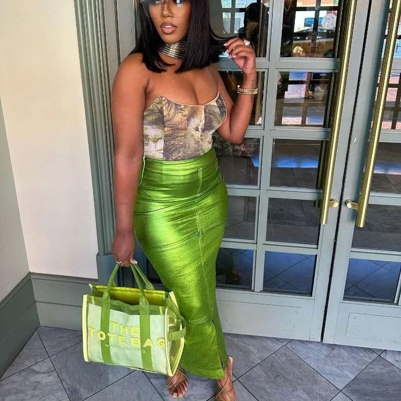 BXOXO Metallic Green Skirt Y2k Women High Waist Back Slit Maxi Shiny A-line Skirts Zipper Up Summer Streetwear Party Clubwear