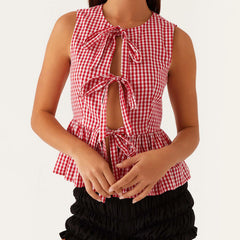 BXOXO Women Y2k Babydoll Tank Top Vintage Tie Side Plaid Sleeveless Peplum Cami Top Summer Going Out Crop Top Streetwear