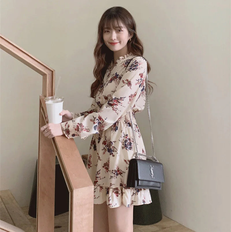 BXOXO Long Sleeve Elegant Floral Chiffon Dresses for Women Summer Autumn Korean Mini Dress Fashion Tunics Light vestido