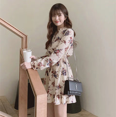 BXOXO Long Sleeve Elegant Floral Chiffon Dresses for Women Summer Autumn Korean Mini Dress Fashion Tunics Light vestido