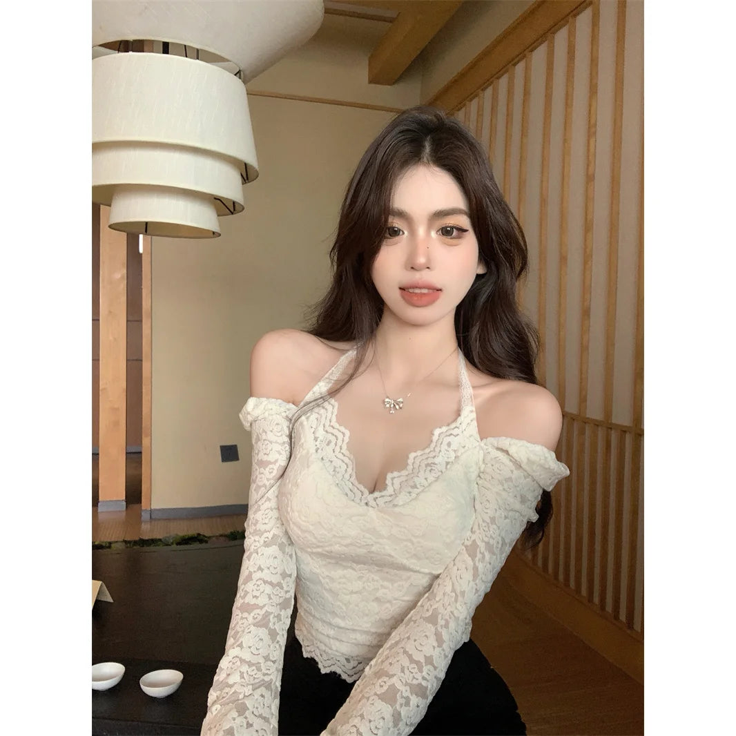 BXOXO French Lace Women Base Shirt Spring Summer New Bell Sleeve Halter Neck Tops Y2K Sexy Hollow Out Off Shoulder Female Tees