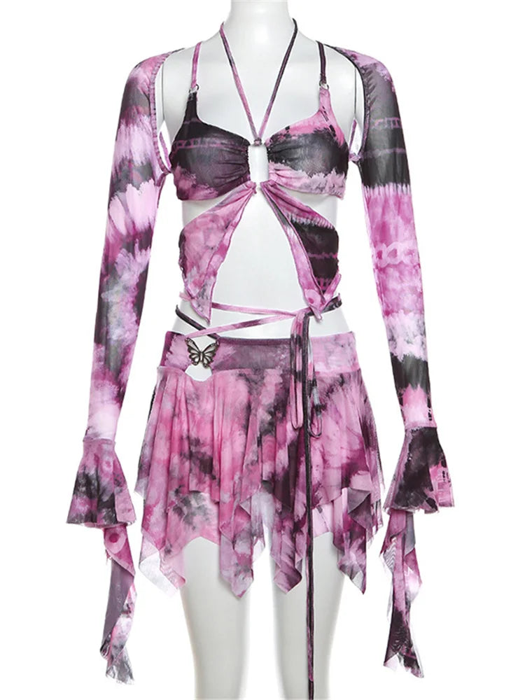 BXOXO Colorful Women 3 Piece Set Sexy Tie Dye Print Irregular Butterfly Camisole+Crop Tops+Skirts Matching Streetwear Outfits