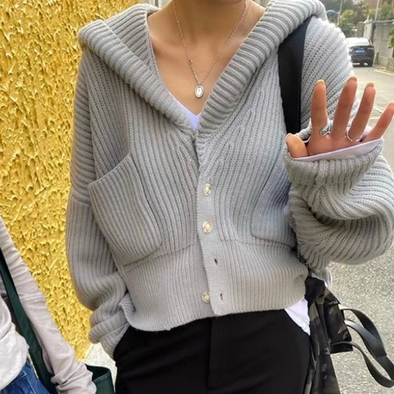 Bxoxo Women's Hooded Cardigan Button Up with Pocket Knitted Sweater Hoodie Slouchy Knitwear Fall Winter Casual Chic Outfit