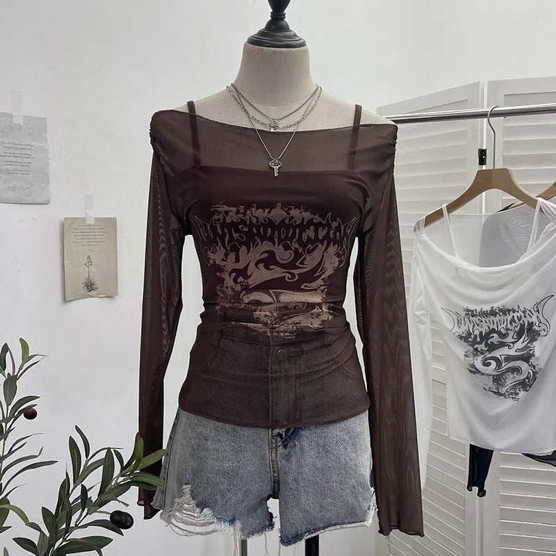 Bxoxo Sexy Slash Neck Mesh Sunscreen T Shirt Y2K Streetwear Print Long Sleeve Patchwork Camis Suit Fashion Folds Slim All Match Tees