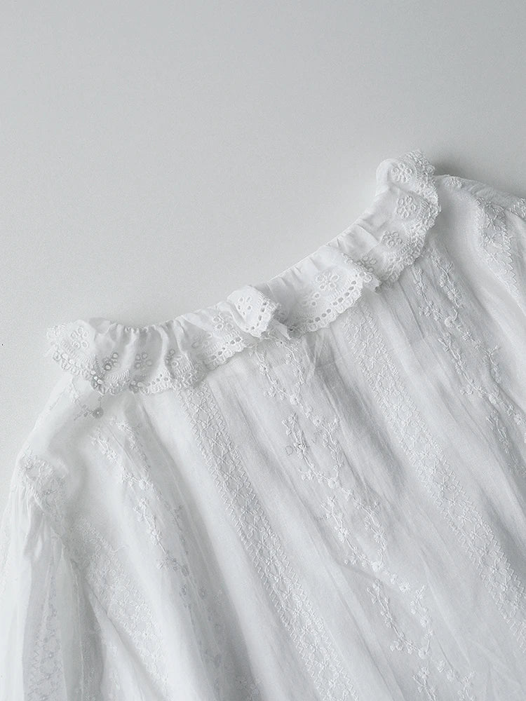 Bxoxo Flower Embroidery Blouses Lace Trim O-Neck Long Sleeve Blouse Spring Vintage Female Elegant Casual French Shirts Women Clothes