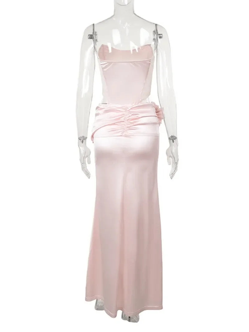 BXOXO Fashion Strapless Satin Birthday Party Dresses for Women Pink Sleeveless Backless Folds Long Evening Dress Lady Split Prom Gowns