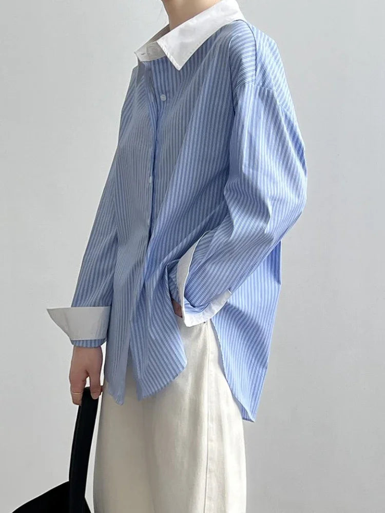 Bxoxo  Spring New Blouse Blue and White Striped Contrasting Design Shirts Women Korean Fashion Loose Versatile Mid-length Top Wome