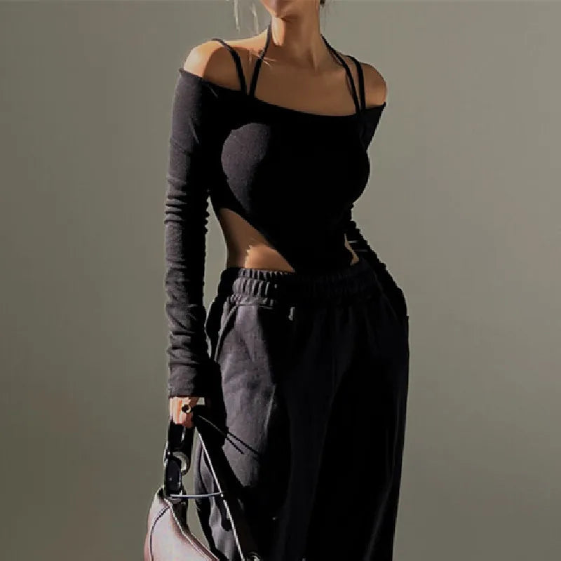 Bxoxo Sexy Off Shoulder Halter Bodysuit Aesthetic Spaghetti Straps Long Sleeve T Shirt Women Slim Fit Party Clubwear Bodysuits