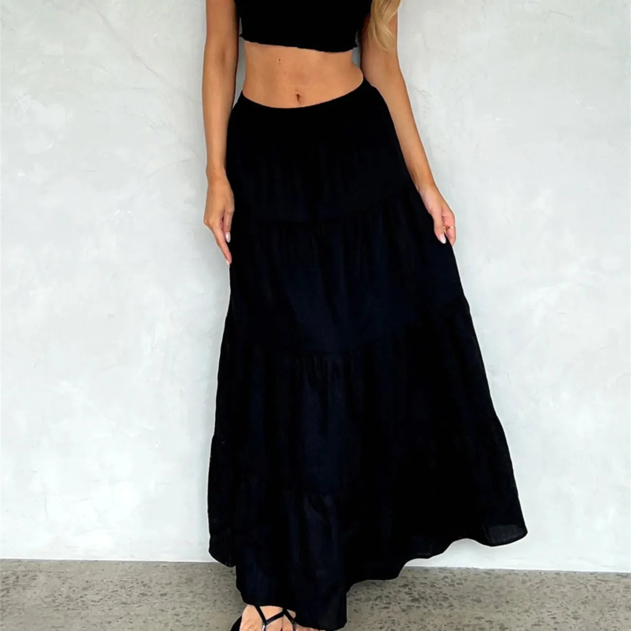 BXOXO Women Boho Long Skirt Y2k Elastic High Waist Ruffle Pleated Swing Maxi Skirt Casual Tiered Prairie Flowy Aline Skirt