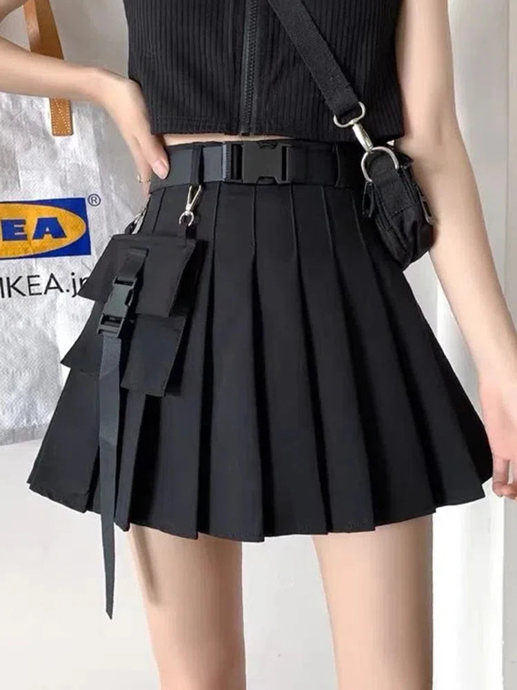 Bxoxo Harajuku Belt Pleated Cargo Skirt Women Fashion Gothic High Waist Pocket Mini Skirts Fashion Summer Lady A Line Black Skirt